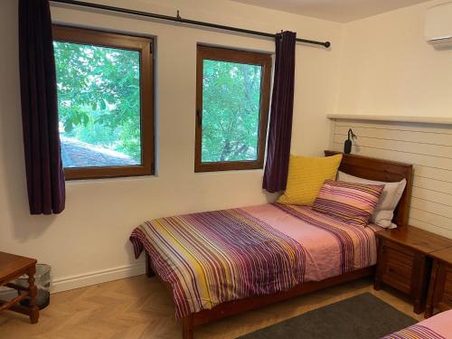 a bedroom with a bed and two windows at Angliiska Vila in Arbanasi