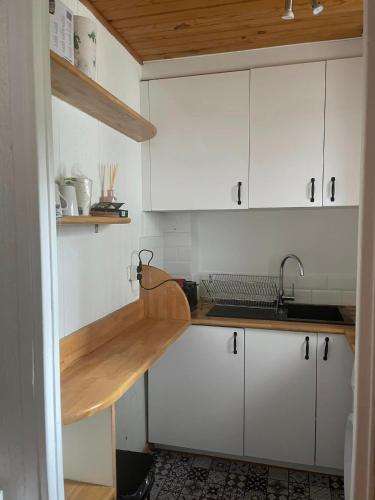 une cuisine avec des armoires blanches et un évier dans l'établissement STUDIO COSY AURON, à Auron
