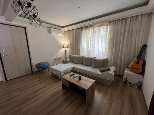 ネア・ミカニオーナにあるMone Apartmentのリビングルーム(ソファ、ギター付)