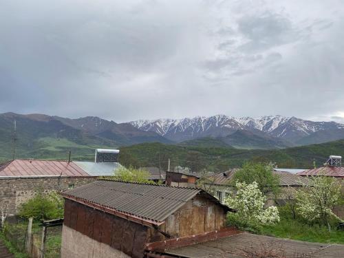 un village avec des montagnes en arrière-plan et des bâtiments dans l'établissement Bed & breakfast Gevorgyans', à Tatev