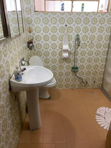 a bathroom with a white sink and a shower at Pousada Luar da Canastra in Piumhi