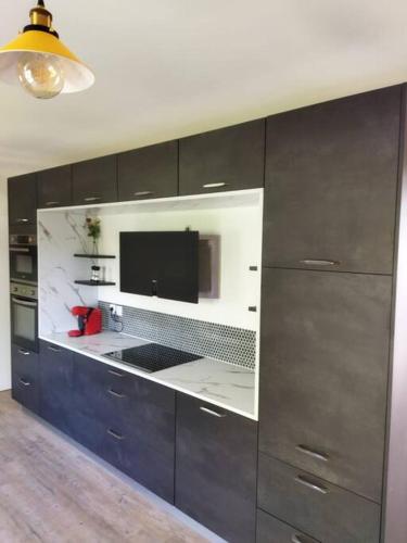 un salon avec une grande cuisine équipée d'une télévision à écran plat dans l'établissement Maison avec jardin Auxerre, à Saint-Georges-sur-Baulche