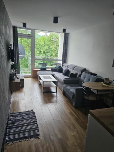 a living room with a couch and a table at Emilia mały apartament Ustroń in Ustroń