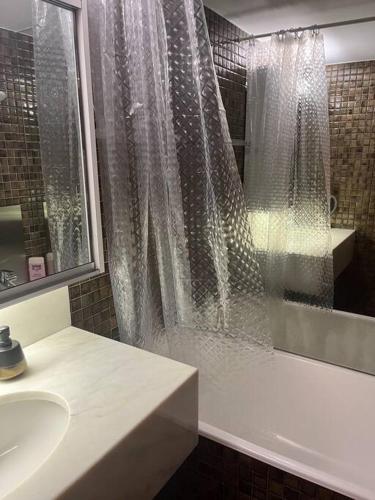 ein Bad mit einem Duschvorhang und einem Waschbecken in der Unterkunft Studio im Herzen von Monte Carlo in Monte Carlo