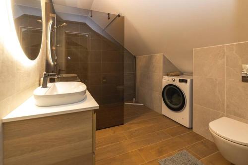 een badkamer met een wastafel en een wasmachine bij Modern villa with sauna & hot tub in Hiiumaa