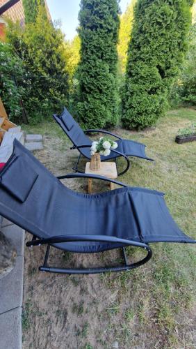 two blue chairs and a table in a yard at Agroturystyka Ruta nad zalewem Siemianówka in Łuka
