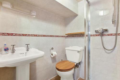 a bathroom with a toilet and a sink and a shower at The Coppermines Mountain Cottages - Sawyers, Millrace, Pelton Wheel, Sleeps 16 in Coniston