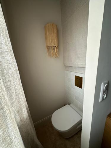 La petite salle de bains est pourvue de toilettes et d'un rideau de douche. dans l'établissement Studio de charme avec piscine, à Grimaud