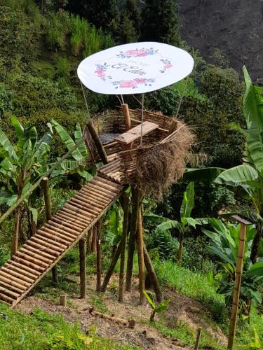 a umbrella on top of a wooden stand with a ladder at El eden in Manizales