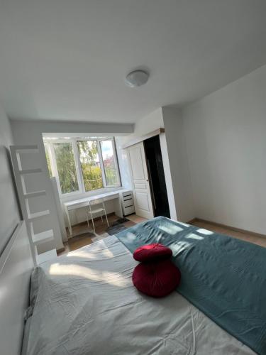 um quarto com uma cama com uma almofada vermelha em Duplex sans souci em Bruxelas