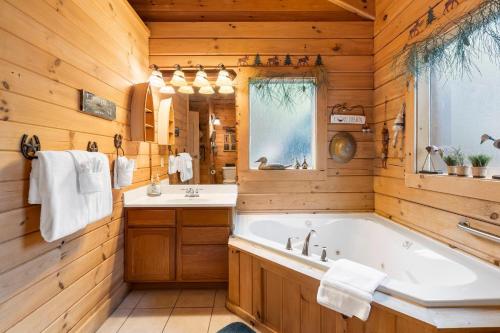 a bathroom with a tub and a sink and a mirror at Dogwood Tree Cabin in Ridgedale