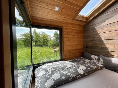 a bedroom with a bed and a large window at Cãsuța de sub nuc in Piatra Neamţ