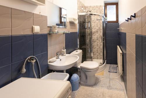 y baño con lavabo, aseo y ducha. en Kordeczki-Apartamenty i pokoje, en Rabka
