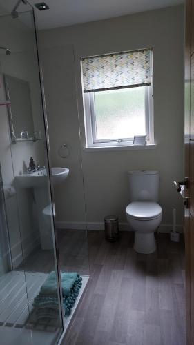 a bathroom with a toilet and a sink and a window at Strathalban cottage in Aberlour