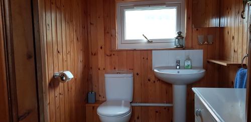 a bathroom with a toilet and a sink and a window at Isle of Carna, secluded Scottish Island, Loch Sunart in Acharacle