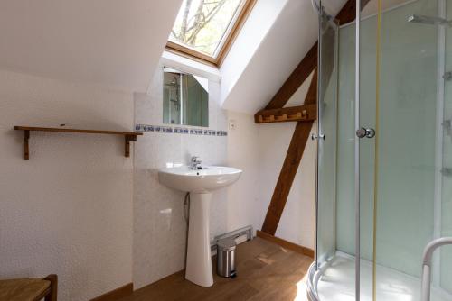 ein Bad mit einem Waschbecken und einer Dusche in der Unterkunft Domaine Les Maurelles in Milhac