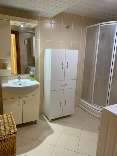 a bathroom with a shower and a sink and a refrigerator at Antalya Guest Home in Antalya