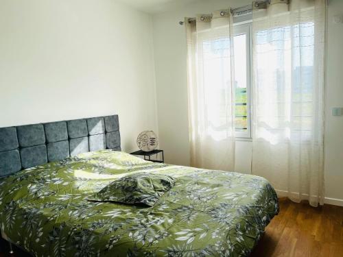 een slaapkamer met een bed met een groen dekbed en een raam bij Cosy chez FIFI in Chessy