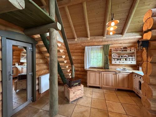 a kitchen in a cabin with wooden walls and ceilings at Căsuța din pădure in Piatra Neamţ