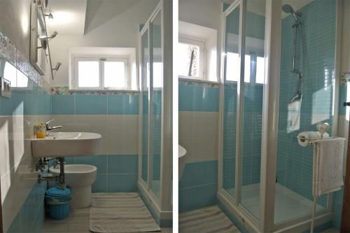 2 Bilder eines Badezimmers mit Waschbecken und Dusche in der Unterkunft Casa Lino in Volterra