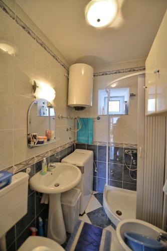 a bathroom with a sink and a toilet and a mirror at Apartments Goran in Kotor