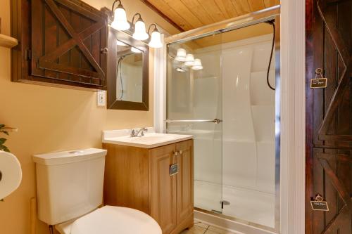 a bathroom with a toilet and a shower at Private Cabin Rental in the Catskill Mountains! in Hamden