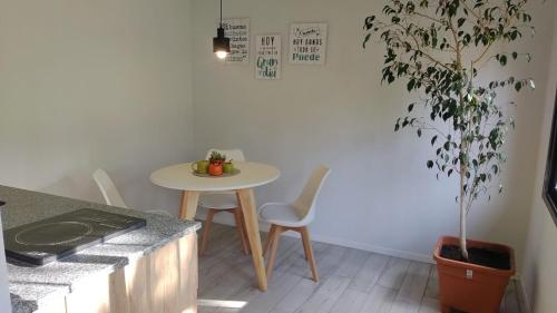 a table and chairs in a kitchen with a potted tree at Tierra Clara Chacras in Ciudad Lujan de Cuyo
