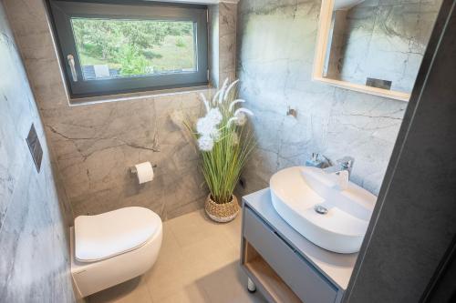 La salle de bains est pourvue de toilettes blanches et d'un lavabo. dans l'établissement Palmowe Wzgórze Skoszewo - Domek Górny, à Skoszewo