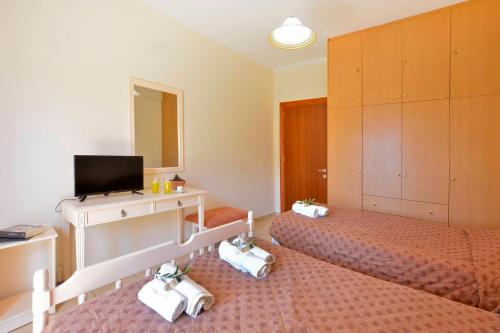 a bedroom with two beds and a tv and a mirror at Maria in Ágios Matthaíos