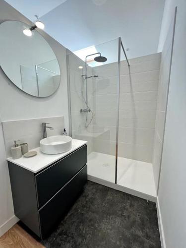 une salle de bain avec un lavabo, une douche et un miroir dans l'établissement L'échappée - Villa avec piscine, à La Genilliere