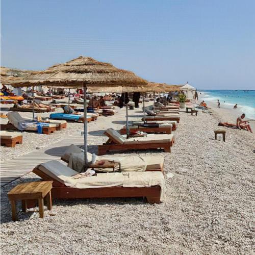 a beach with lounge chairs and umbrellas and the ocean at Vacanze Pushime Albania in Radhimë