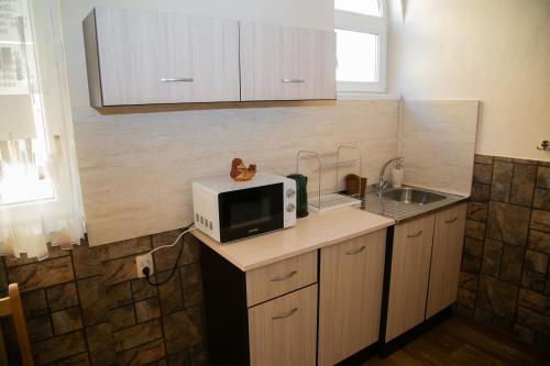 a kitchen with a microwave and a sink at Guest House Dobrudzha in Gabrovo