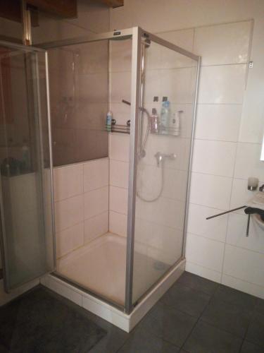 a shower with a glass door in a bathroom at BnB Kanal 17 