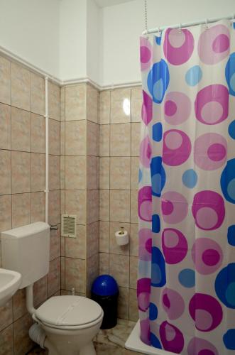 a bathroom with a toilet and a shower curtain at HOTEL KM 0 in Costinesti