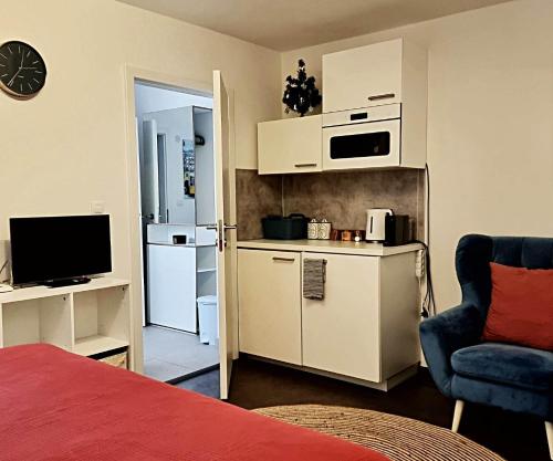 Cette chambre comprend un lit et une cuisine équipée d'un réfrigérateur. dans l'établissement Apartmán Zlatý kříž, à Písek