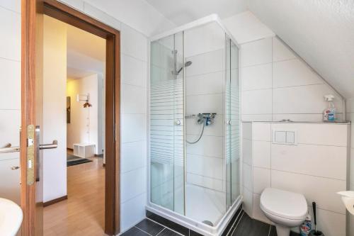 a bathroom with a shower and a toilet at Katharina in Westerdeichstrich