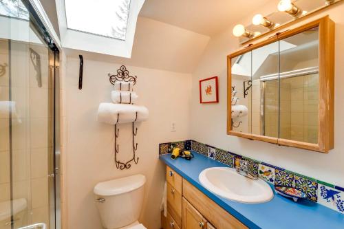 ein Bad mit einem WC, einem Waschbecken und einer Dusche in der Unterkunft Juneau Vacation Home Stunning View and Beach Access in Mendenhaven