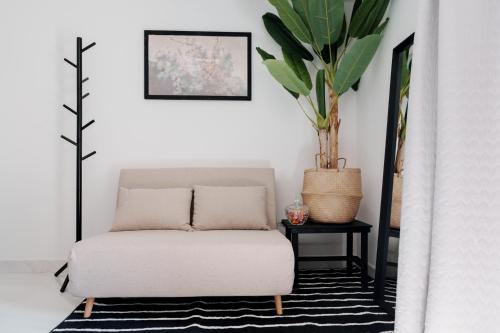 a living room with a chair and a plant at La Stanza del Relax in San Donà di Piave