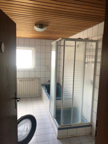 a bathroom with a glass shower and a tub at Ferienwohnung in Weilburg in Weilburg