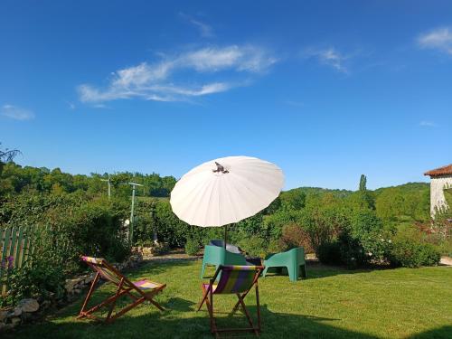 un grupo de sillas y un paraguas en un patio en Baladous, en Montgaillard-de-Salies