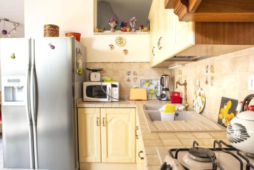 a kitchen with a refrigerator and a microwave at Casa Limoncello in Taormina