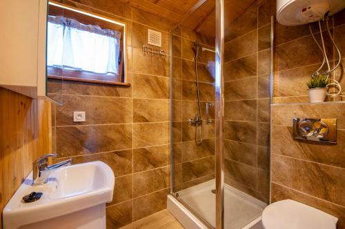 ein Badezimmer mit Dusche, Waschbecken und Toilette in der Unterkunft Domki Redda in Kopań