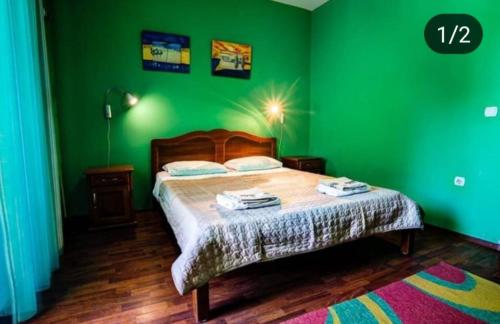 a green bedroom with a bed and a green wall at Vila Elkom, Apartment 5 in Ulcinj
