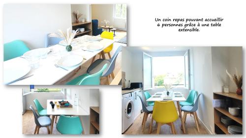 um quarto com uma mesa e cadeiras e uma sala de jantar em Le belle vue – tout confort em Saint-Brieuc