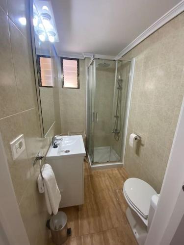 y baño con ducha, aseo y lavamanos. en Apartamentos Cumbremar en Benicàssim, en Benicàssim