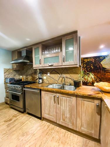 a kitchen with stainless steel appliances and wooden cabinets at Xeliter Balcones del Atlantico - Las Terrenas in Las Terrenas