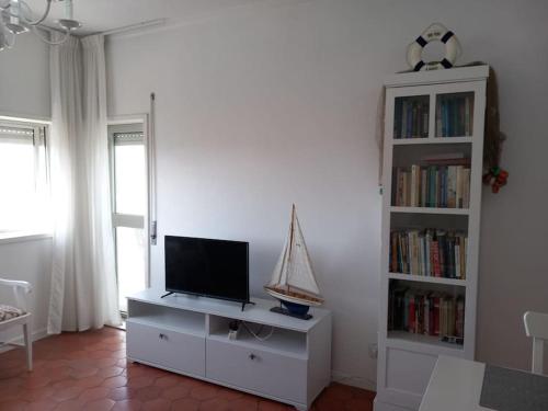 een woonkamer met een tv en een boekenplank bij Vila Mar Apartment in Vila do Conde