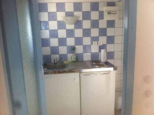 uma pequena cozinha com um lavatório e uma parede em azulejo em Ardèche, studio indépendant dans jardin em Chomérac