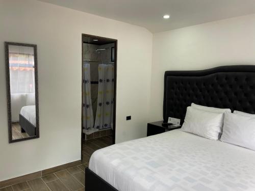 a bedroom with a large bed and a mirror at Cabinas Vista Al Golfo in Monteverde Costa Rica