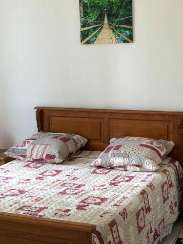 - un lit avec deux oreillers et une photo sur le mur dans l'établissement Maison détente classée meublé 3 étoiles, à Caylus